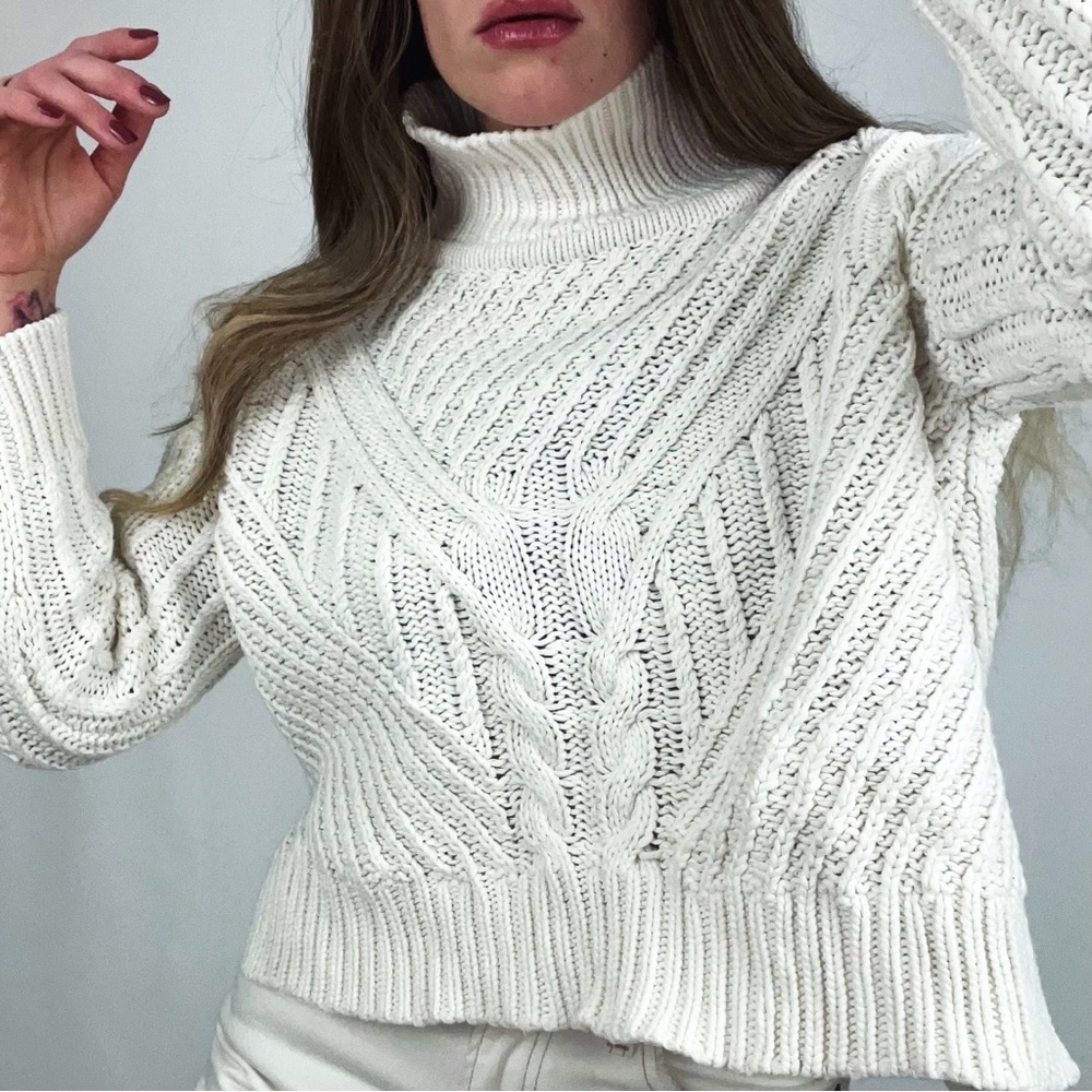 525 America Cable-Knit Mock Neck Pullover Sweater in Ivory | Size S